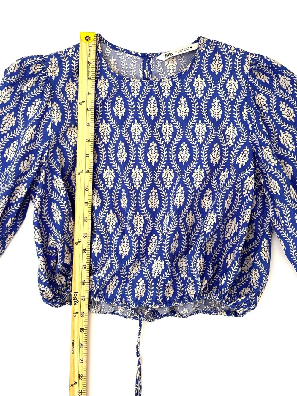 Zara Blue Floral Print Cropped Blouse Balloon Sleeve Boho - Size Small Like New